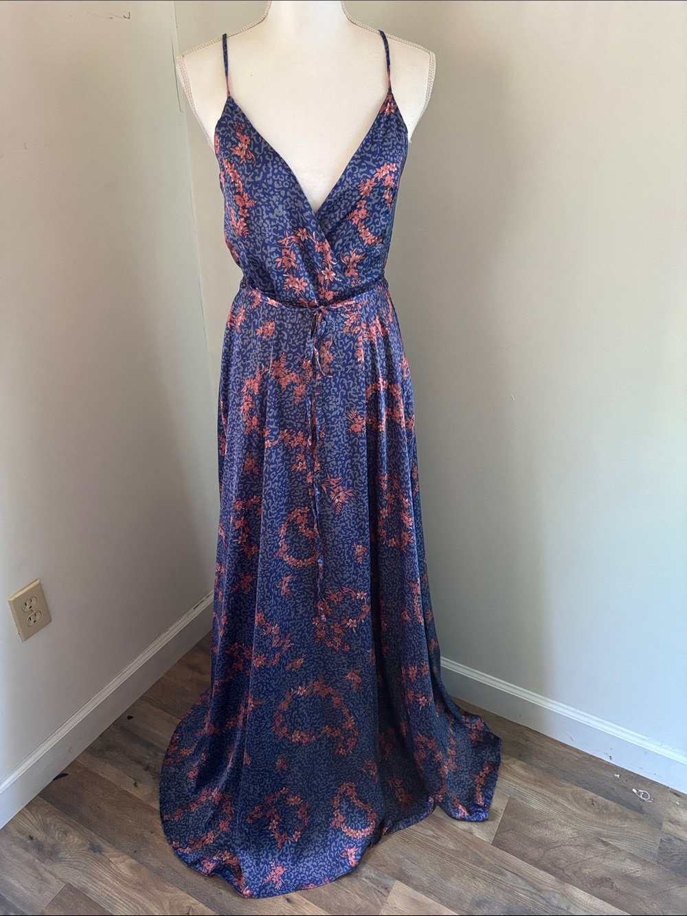 Onetheland Floral Navy and Coral Wrap Maxi Dress with Spaghetti Straps, sz L
